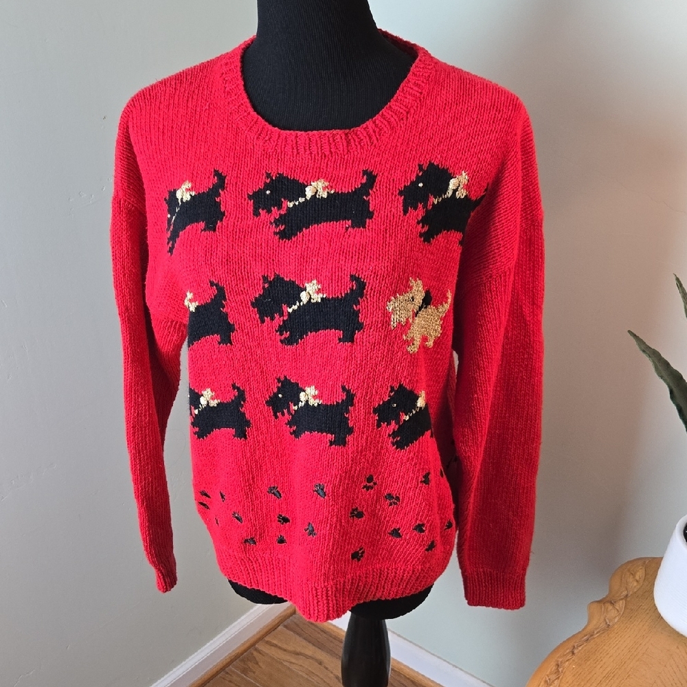 80s Vintage Red Scottie Dog Knit Sweater